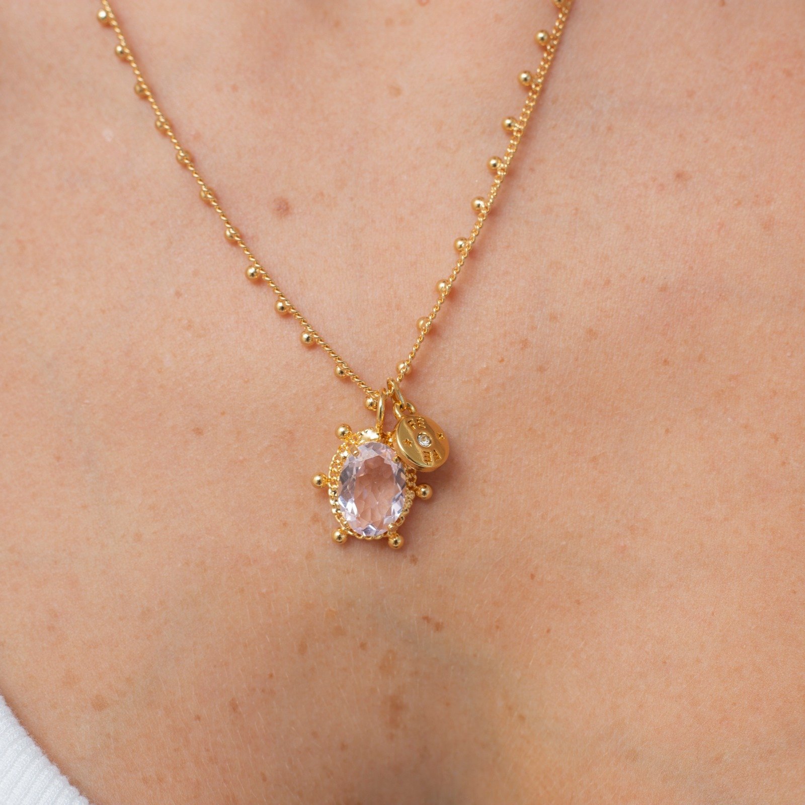 COLAR BOLINHAS PINGENTE CRISTAL ROSA BANHO OURO