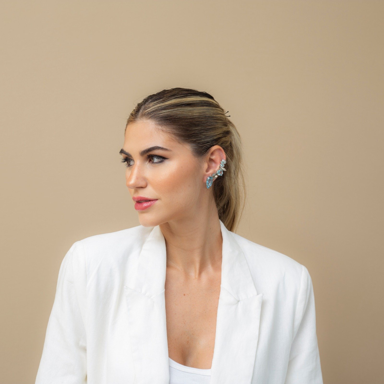 BRINCOS EAR CUFFS MIX CRISTAIS AZUL/CINZA BANHO RÓDIO BRANCO