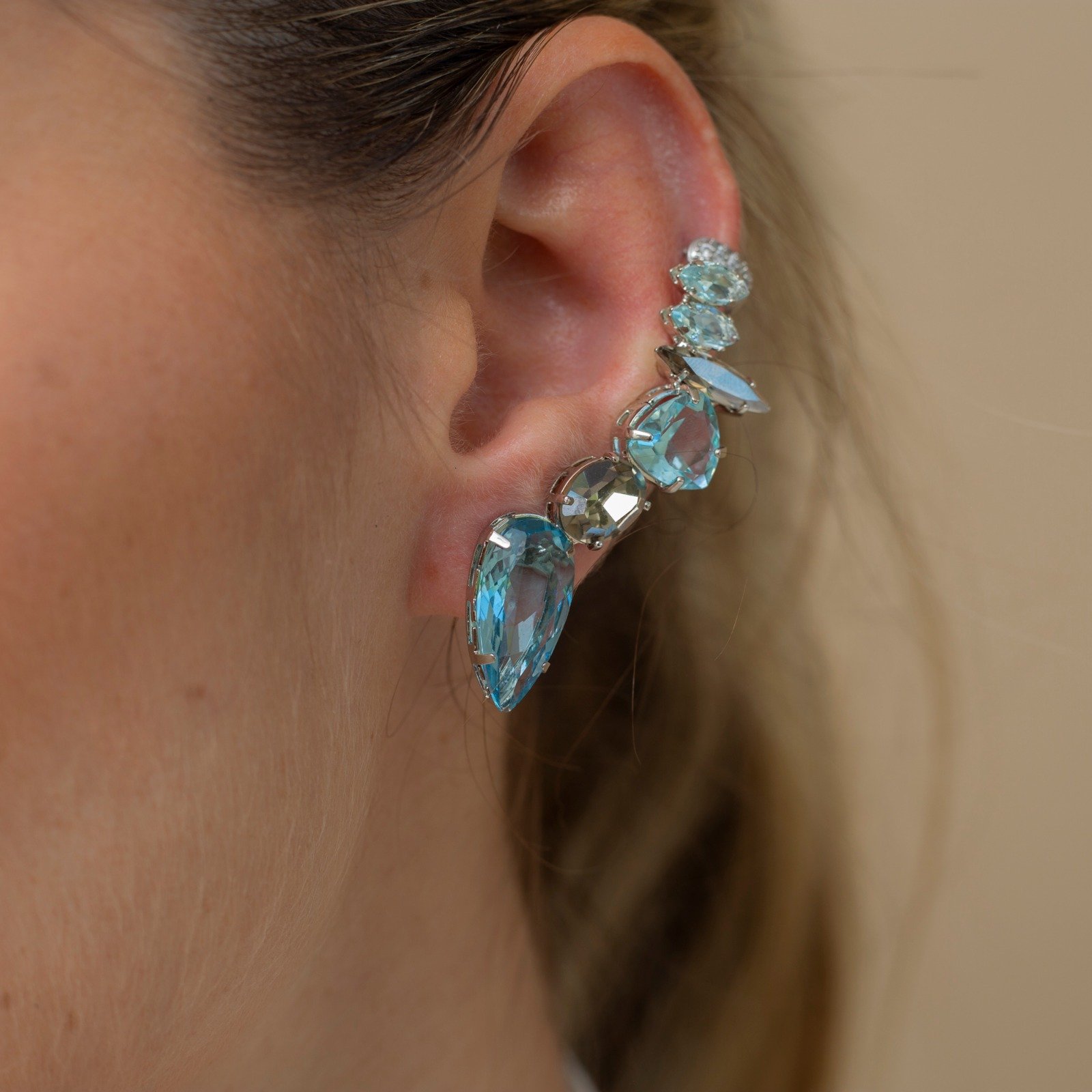 BRINCOS EAR CUFFS MIX CRISTAIS AZUL/CINZA BANHO RÓDIO BRANCO