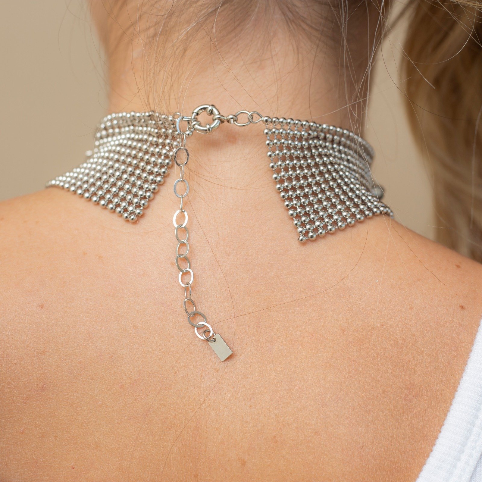 CHOKER MALHA MIX CRISTAIS CINZA BANHO RÓDIO BRANCO