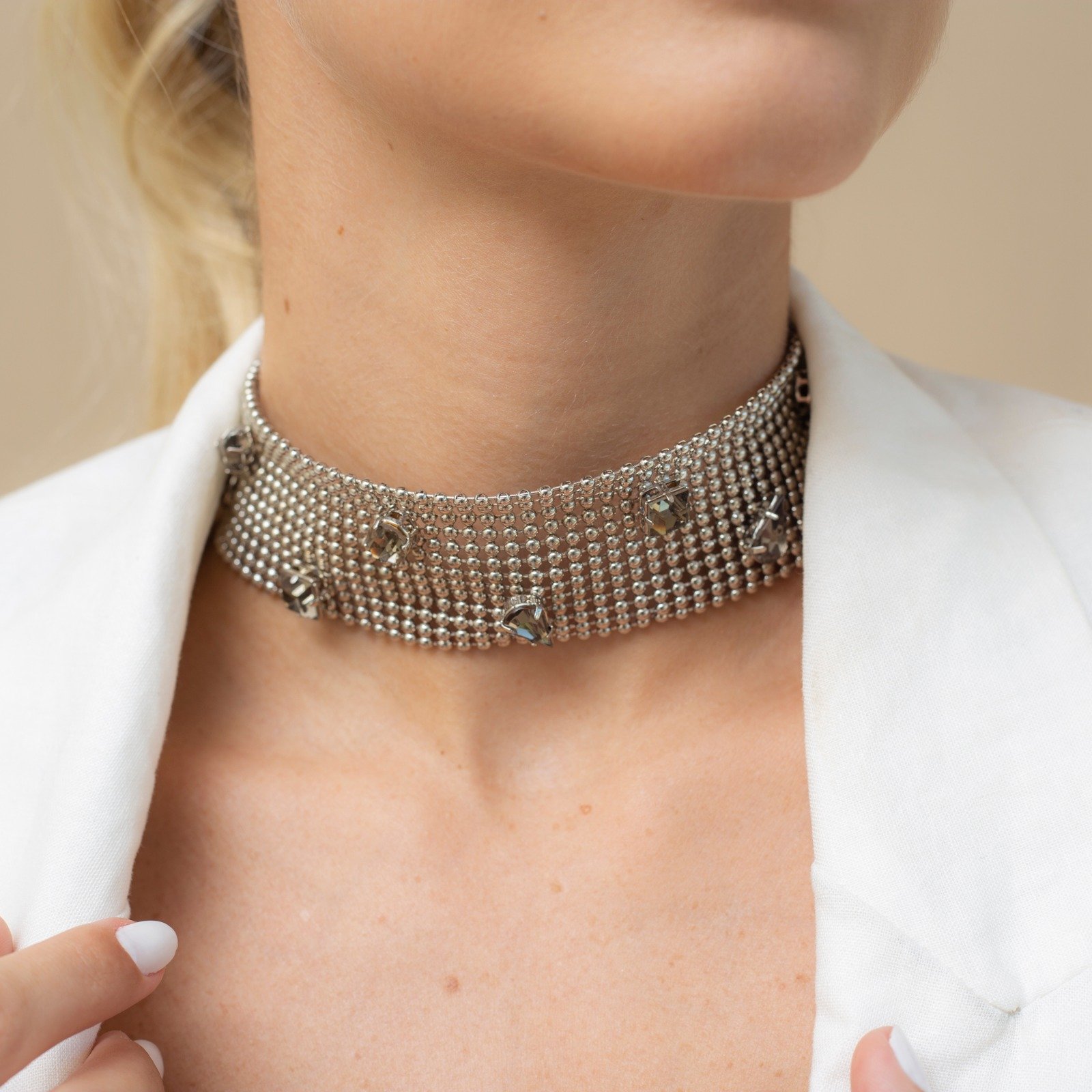 CHOKER MALHA MIX CRISTAIS CINZA BANHO RÓDIO BRANCO