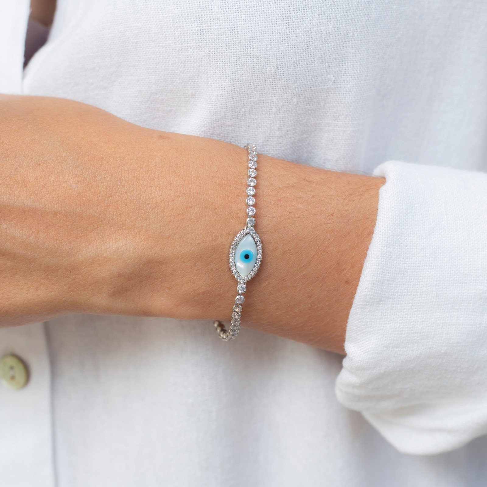 PULSEIRA RIVIERA OLHO GREGO BANHO RÓDIO BRANCO