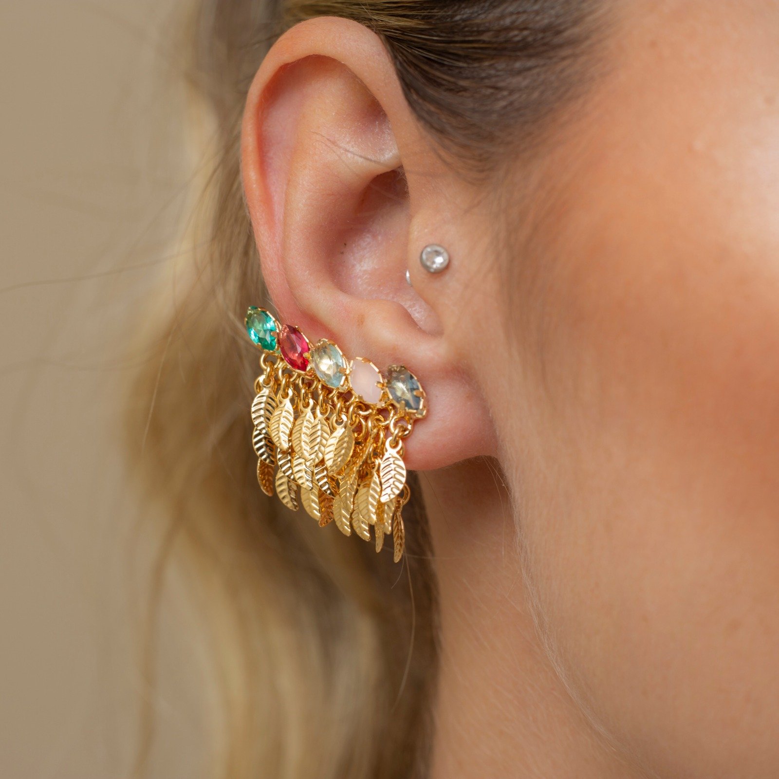 BRINCOS EAR CUFF FOLHAS CRAVAÇÃO CRISTAIS BANHO OURO