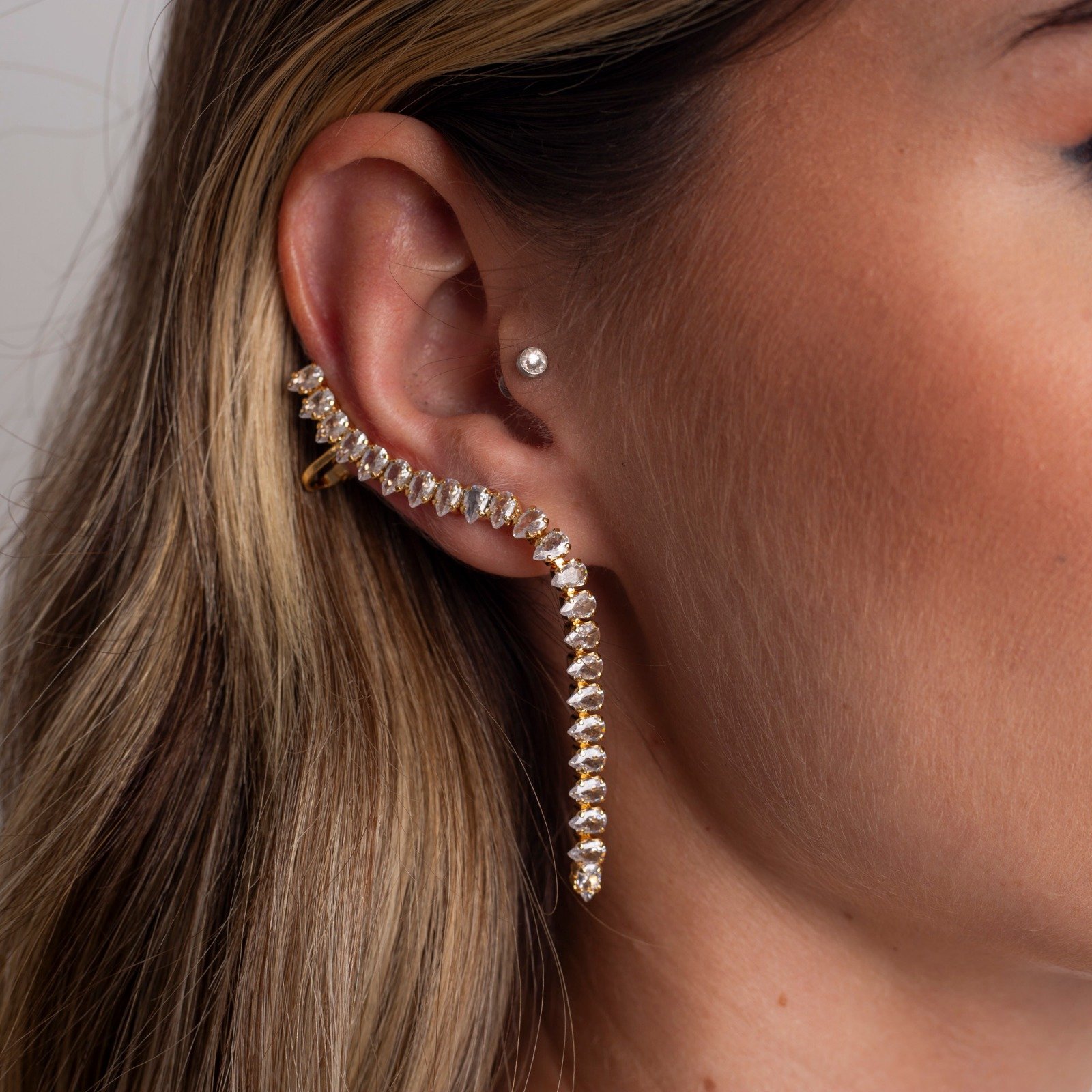 BRINCOS EAR CUFFS ZÍPER ZIRCÔNIA BANHO OURO