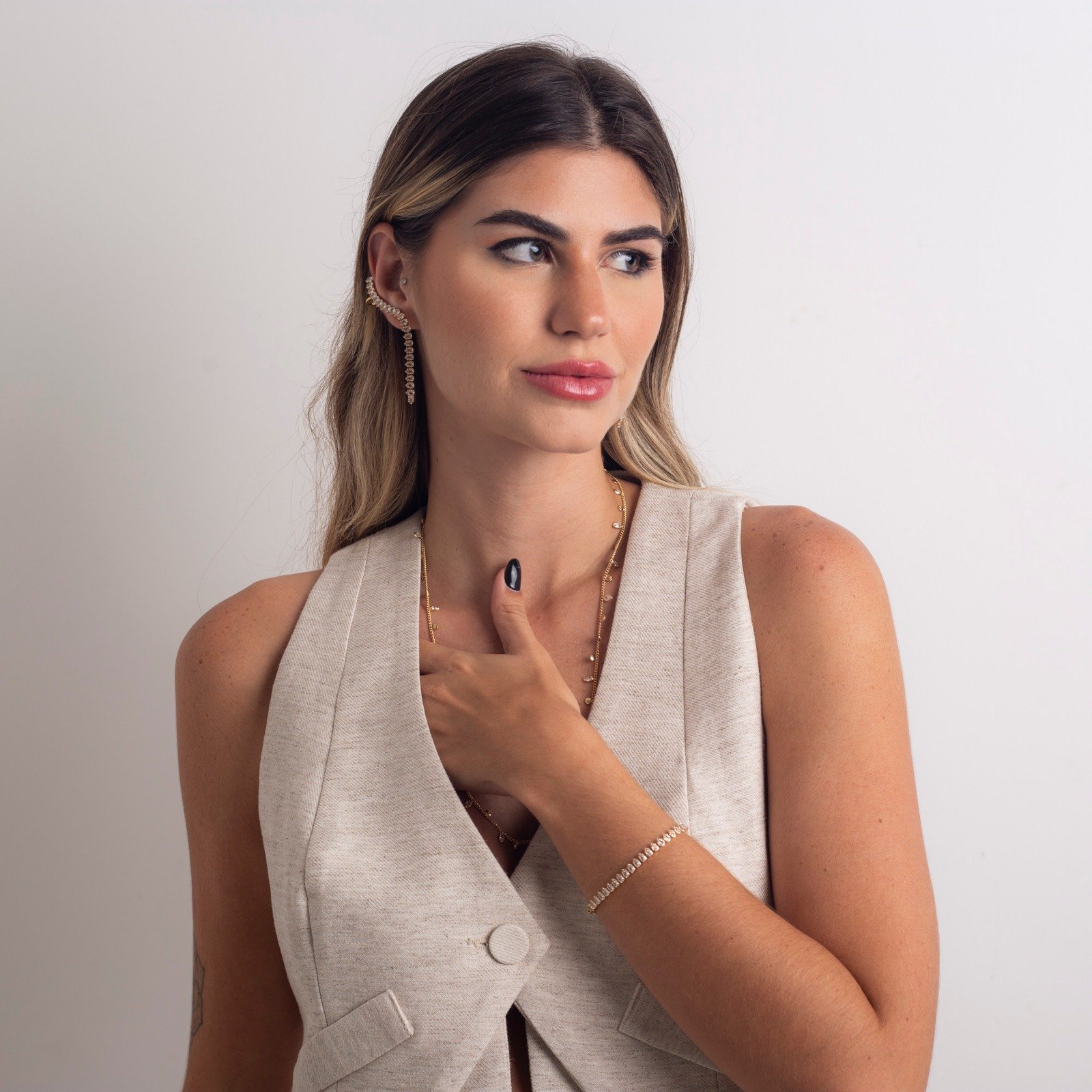 BRINCOS EAR CUFFS ZÍPER ZIRCÔNIA BANHO OURO