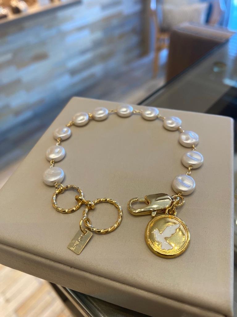 PULSEIRA CONTOS PINGENTE PAZ BANHO OURO