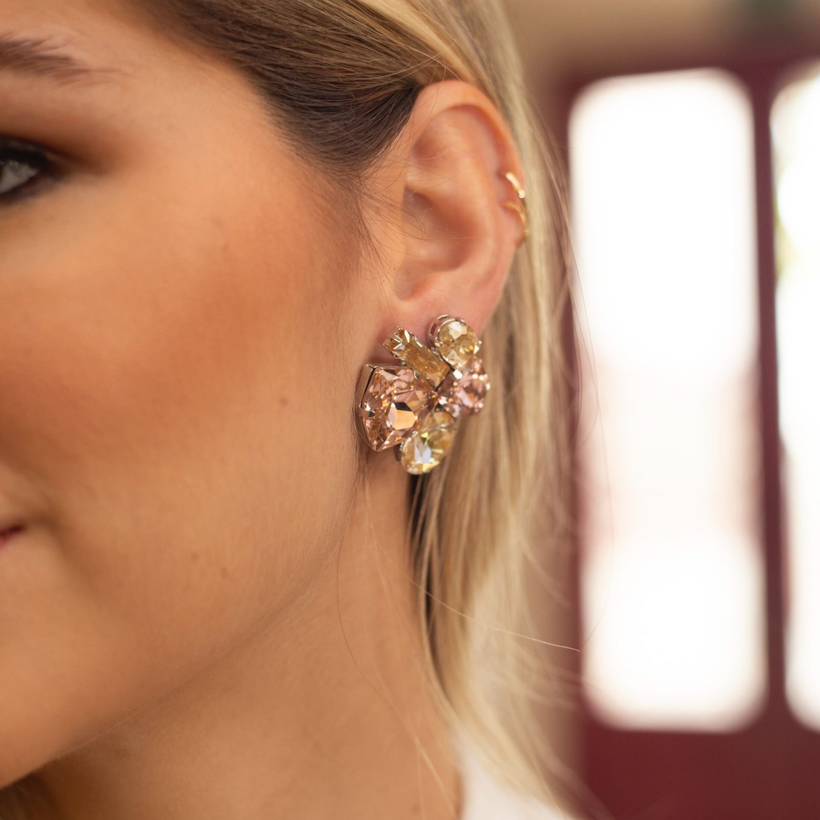 BRINCOS MIX CRISTAIS ROSÉ SWAROVSKI BANHO RÓDIO BRANCO
